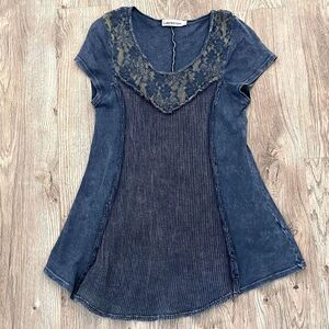 Liberation Boho Y2K Knit Lace Mesh Denim Blue Short Sleeve PulloverT op Womens M